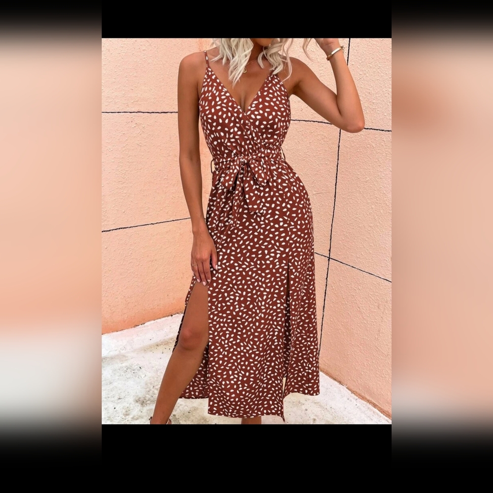 Slit Hem Belted Cami Dress - Color Khaki - Size S -NWOT